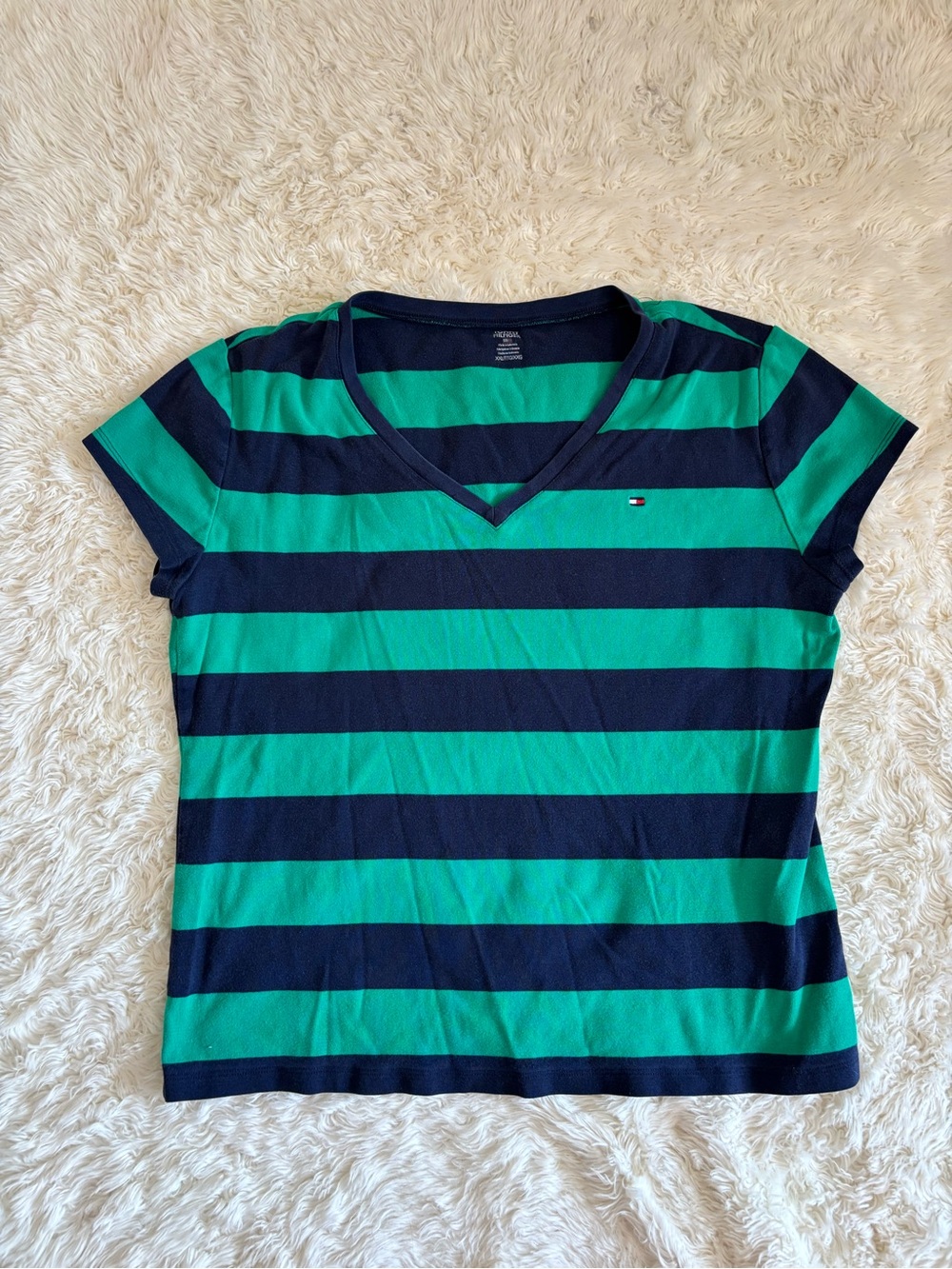 Tommy Hilfiger Green & Navy Striped V-Neck Short Sleeve Tee